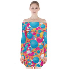 Circles Art Seamless Repeat Bright Colors Colorful Long Sleeve Off Shoulder Dress by Maspions
