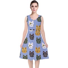 Cat Cat Background Animals Little Cat Pets Kittens V-Neck Midi Sleeveless Dress 