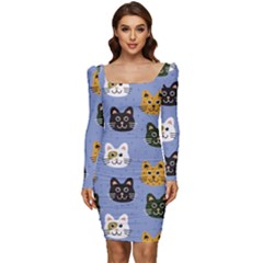 Cat Cat Background Animals Little Cat Pets Kittens Women Long Sleeve Ruched Stretch Jersey Dress