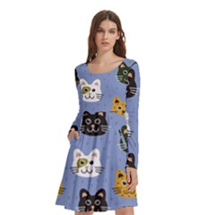 Cat Cat Background Animals Little Cat Pets Kittens Long Sleeve Knee Length Skater Dress With Pockets