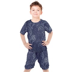 Blue Paisley Texture, Blue Paisley Ornament Kids  T-shirt And Shorts Set by nateshop