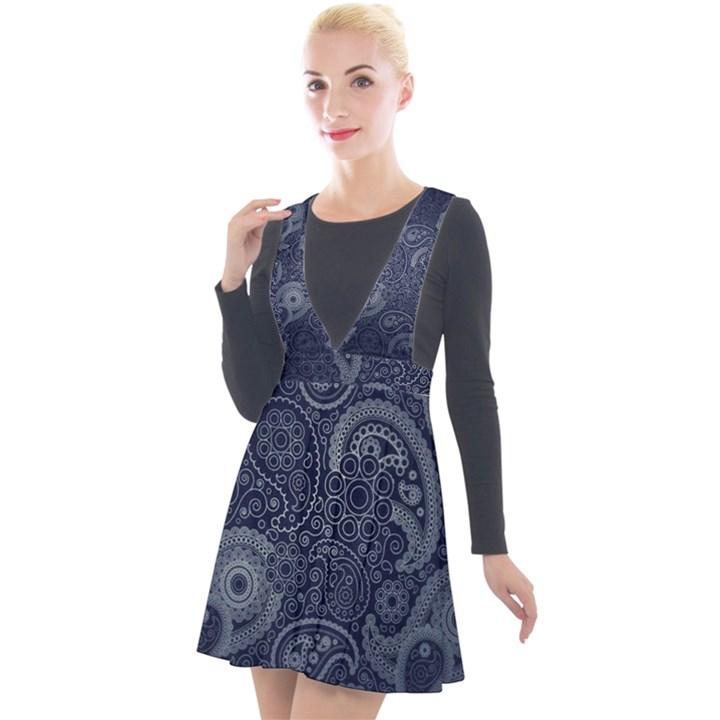 Blue Paisley Texture, Blue Paisley Ornament Plunge Pinafore Velour Dress