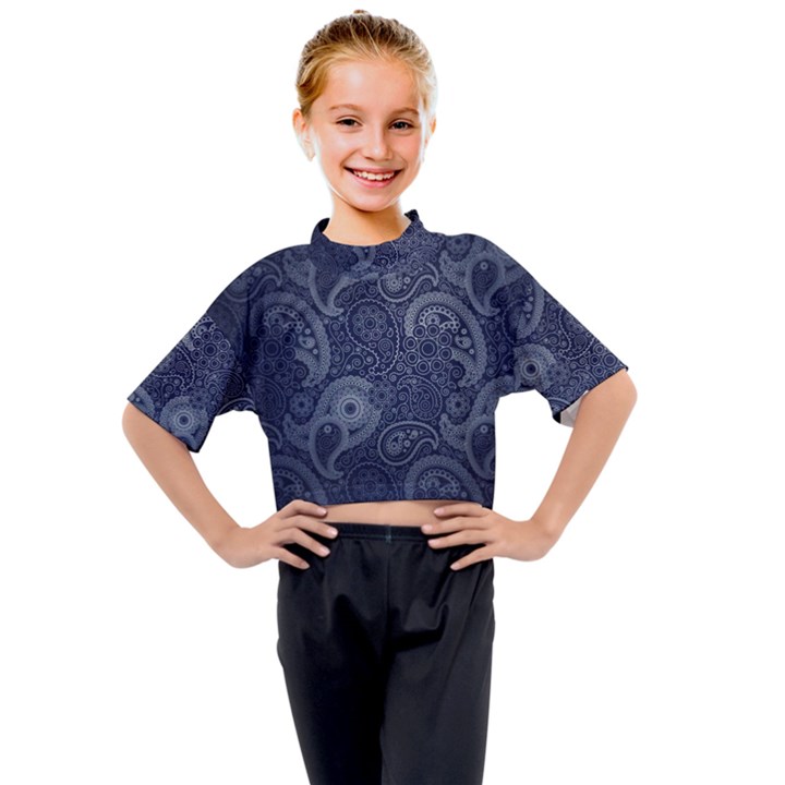 Blue Paisley Texture, Blue Paisley Ornament Kids Mock Neck T-Shirt