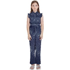 Blue Paisley Texture, Blue Paisley Ornament Kids  Sleeveless Ruffle Edge Band Collar Chiffon One Piece