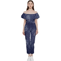 Blue Paisley Texture, Blue Paisley Ornament Bardot Ruffle Jumpsuit