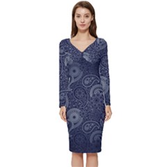 Blue Paisley Texture, Blue Paisley Ornament Long Sleeve V-neck Bodycon Dress  by nateshop