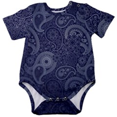 Blue Paisley Texture, Blue Paisley Ornament Baby Short Sleeve Bodysuit by nateshop