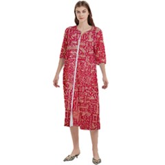 Chinese Hieroglyphs Patterns, Chinese Ornaments, Red Chinese Women s Cotton 3/4 Sleeve Nightgown