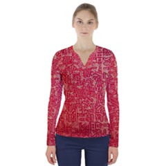 Chinese Hieroglyphs Patterns, Chinese Ornaments, Red Chinese V-neck Long Sleeve Top