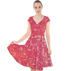 Chinese Hieroglyphs Patterns, Chinese Ornaments, Red Chinese Cap Sleeve Front Wrap Midi Dress