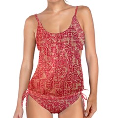 Chinese Hieroglyphs Patterns, Chinese Ornaments, Red Chinese Tankini Set