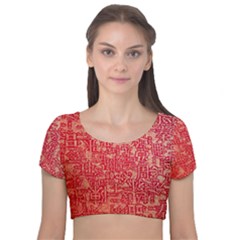 Chinese Hieroglyphs Patterns, Chinese Ornaments, Red Chinese Velvet Short Sleeve Crop Top 