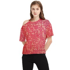 Chinese Hieroglyphs Patterns, Chinese Ornaments, Red Chinese One Shoulder Cut Out T-shirt