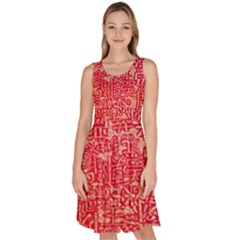 Chinese Hieroglyphs Patterns, Chinese Ornaments, Red Chinese Knee Length Skater Dress With Pockets