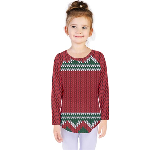 Christmas Pattern, Fabric Texture, Knitted Red Background Kids  Long Sleeve T-shirt by nateshop