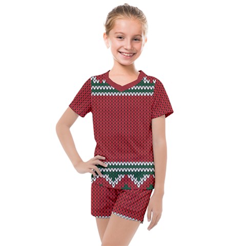 Christmas Pattern, Fabric Texture, Knitted Red Background Kids  Mesh T-shirt And Shorts Set by nateshop