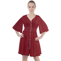 Christmas Pattern, Fabric Texture, Knitted Red Background Boho Button Up Dress