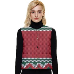 Christmas Pattern, Fabric Texture, Knitted Red Background Women s Button Up Puffer Vest