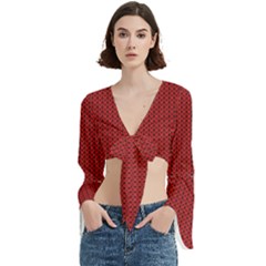 Christmas Pattern, Fabric Texture, Knitted Red Background Trumpet Sleeve Cropped Top