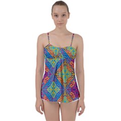 Colorful Floral Ornament, Floral Patterns Babydoll Tankini Top