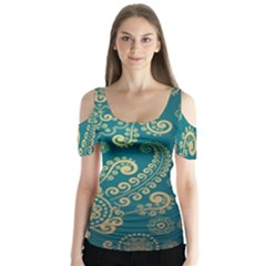 European Pattern, Blue, Desenho, Retro, Style Butterfly Sleeve Cutout T-shirt 
