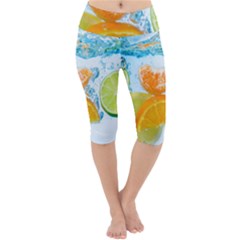 Fruits, Fruit, Lemon, Lime, Mandarin, Water, Orange Lightweight Velour Cropped Yoga Leggings by nateshop