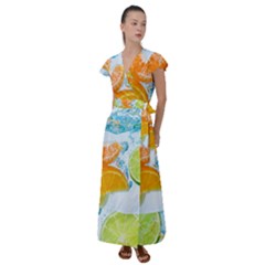 Fruits, Fruit, Lemon, Lime, Mandarin, Water, Orange Flutter Sleeve Maxi Dress