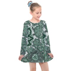 Green Ornament Texture, Green Flowers Retro Background Kids  Long Sleeve Dress by nateshop