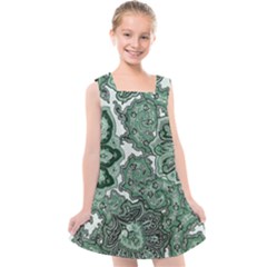 Green Ornament Texture, Green Flowers Retro Background Kids  Cross Back Dress