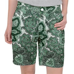 Green Ornament Texture, Green Flowers Retro Background Women s Pocket Shorts by nateshop