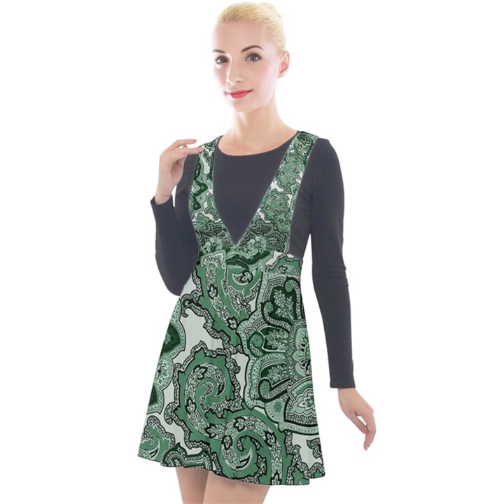 Green Ornament Texture, Green Flowers Retro Background Plunge Pinafore Velour Dress