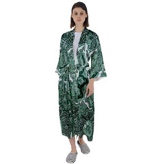 Green Ornament Texture, Green Flowers Retro Background Maxi Satin Kimono