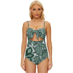 Green Ornament Texture, Green Flowers Retro Background Knot Front One-piece Swimsuit