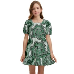 Green Ornament Texture, Green Flowers Retro Background Kids  Short Sleeve Dolly Dress