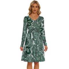 Green Ornament Texture, Green Flowers Retro Background Long Sleeve Dress With Pocket