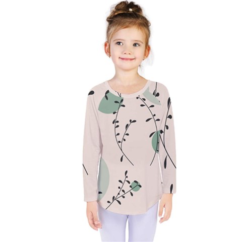 Plants Pattern Design Branches Branch Leaves Botanical Boho Bohemian Texture Drawing Circles Nature Kids  Long Sleeve T-shirt by Maspions