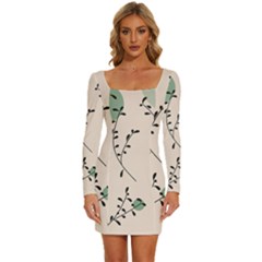 Plants Pattern Design Branches Branch Leaves Botanical Boho Bohemian Texture Drawing Circles Nature Long Sleeve Square Neck Bodycon Velvet Dress