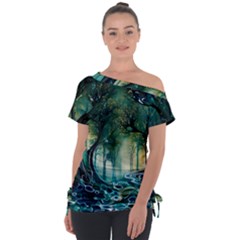 Trees Forest Mystical Forest Background Landscape Nature Off Shoulder Tie-up T-shirt