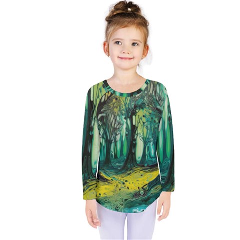 Trees Forest Mystical Forest Nature Junk Journal Landscape Nature Kids  Long Sleeve T-shirt by Maspions