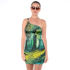 Trees Forest Mystical Forest Nature Junk Journal Landscape Nature One Shoulder Ring Trim Bodycon Dress