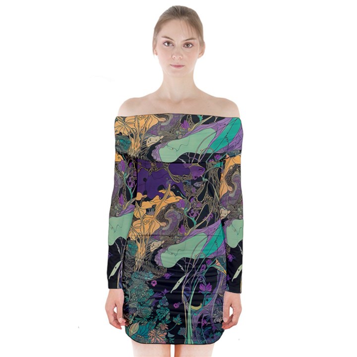 Flowers Trees Forest Mystical Forest Nature Long Sleeve Off Shoulder Dress