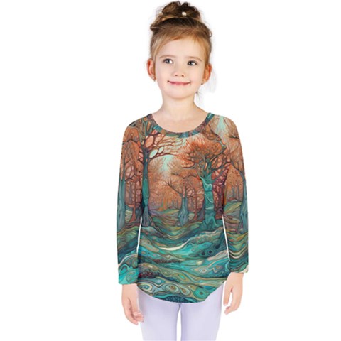 Trees Tree Forest Mystical Forest Nature Junk Journal Scrapbooking Landscape Nature Kids  Long Sleeve T-shirt by Maspions