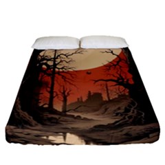 Comic Gothic Macabre Vampire Haunted Red Sky Fitted Sheet (queen Size) by Maspions