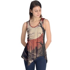 Comic Gothic Macabre Vampire Haunted Red Sky Sleeveless Tunic