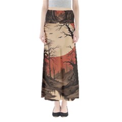 Comic Gothic Macabre Vampire Haunted Red Sky Full Length Maxi Skirt