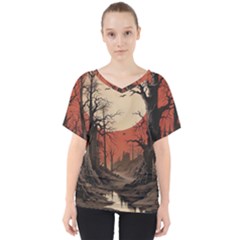 Comic Gothic Macabre Vampire Haunted Red Sky V-neck Dolman Drape Top