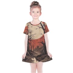 Comic Gothic Macabre Vampire Haunted Red Sky Kids  Simple Cotton Dress