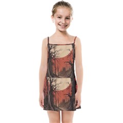 Comic Gothic Macabre Vampire Haunted Red Sky Kids  Summer Sun Dress by Maspions