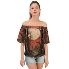 Comic Gothic Macabre Vampire Haunted Red Sky Off Shoulder Short Sleeve Top by Maspions