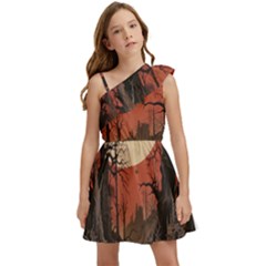 Comic Gothic Macabre Vampire Haunted Red Sky Kids  One Shoulder Party Dress